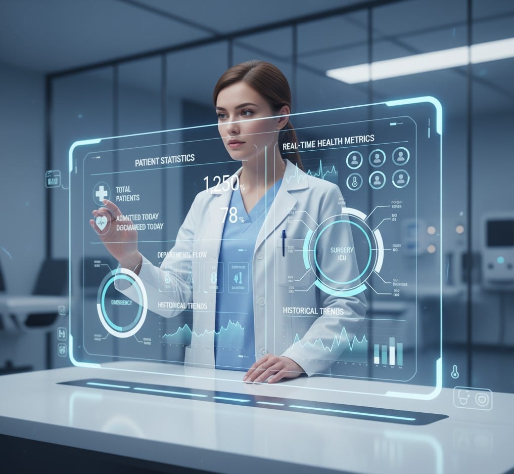Medical professional interacting with a holographic patient statistics and health metrics dashboard