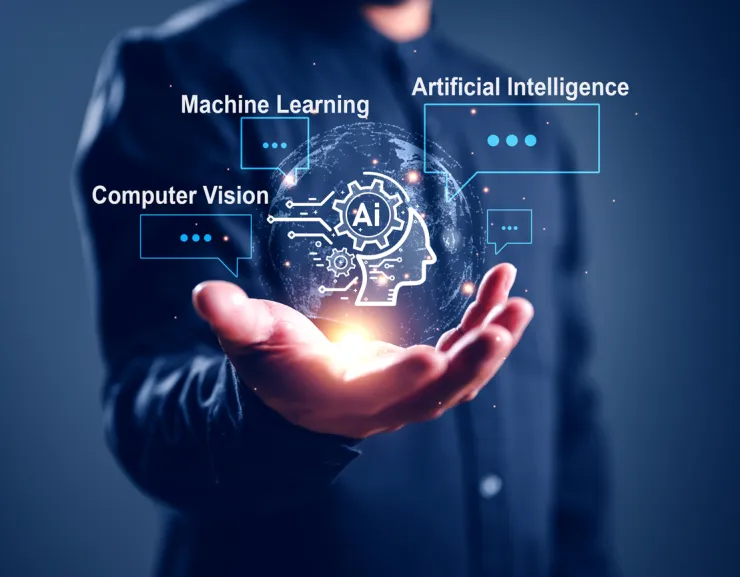 Hand presenting a glowing digital globe with AI, machine learning, and computer vision concepts