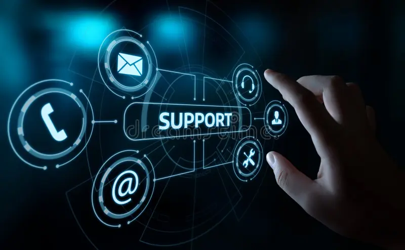 Futuristic support interface with communication icons and hand reaching toward a glowing SUPPORT control