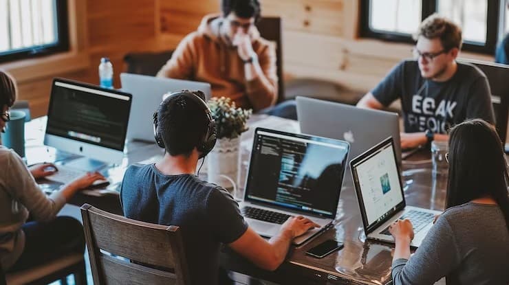 A diverse team of developers working together on laptops in a bright, modern office